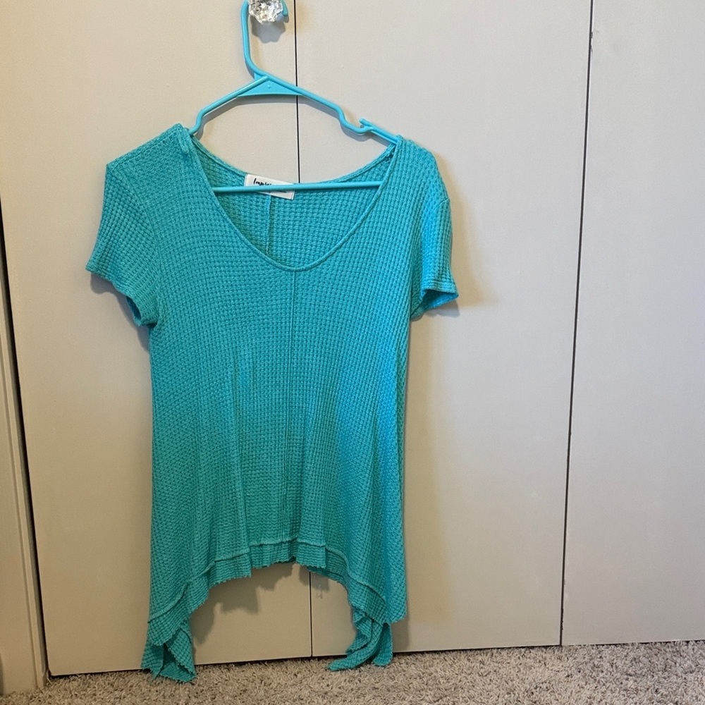 Waffle Knit Turquoise Short Sleeve Women's Top